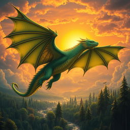A majestic dragon soaring through a vivid sunset sky, its scales shimmering in shades of emerald green and gold