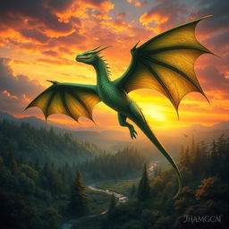 A majestic dragon soaring through a vivid sunset sky, its scales shimmering in shades of emerald green and gold