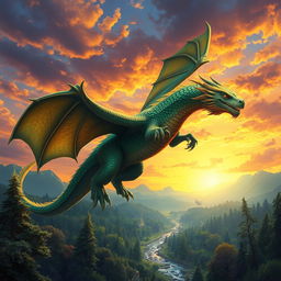 A majestic dragon soaring through a vivid sunset sky, its scales shimmering in shades of emerald green and gold