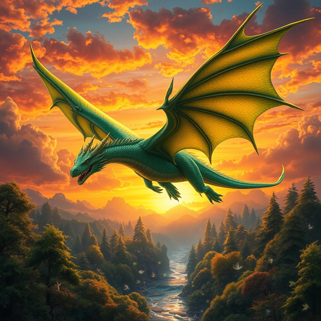 A majestic dragon soaring through a vivid sunset sky, its scales shimmering in shades of emerald green and gold