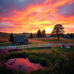 A picturesque American landscape featuring rolling hills and a vibrant sunset painting the sky in shades of orange, pink, and purple