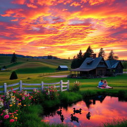 A picturesque American landscape featuring rolling hills and a vibrant sunset painting the sky in shades of orange, pink, and purple