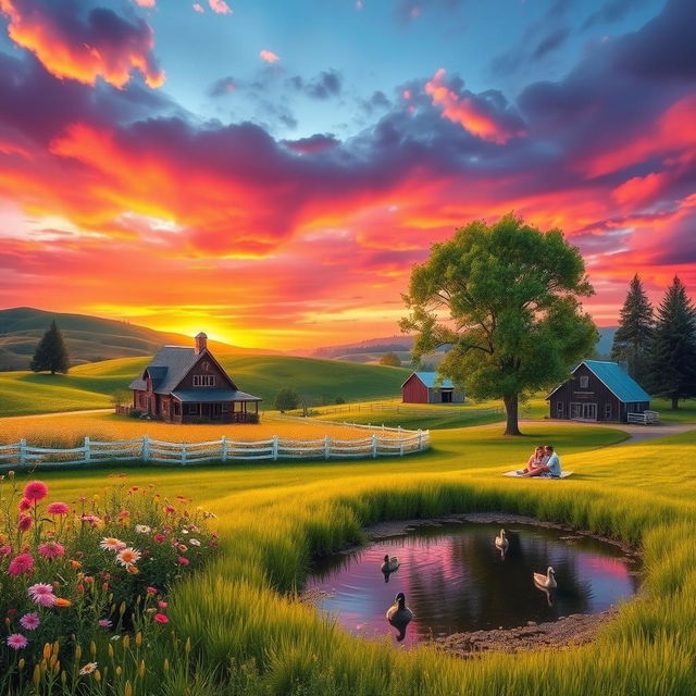 A picturesque American landscape featuring rolling hills and a vibrant sunset painting the sky in shades of orange, pink, and purple