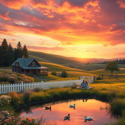 A picturesque American landscape featuring rolling hills and a vibrant sunset painting the sky in shades of orange, pink, and purple