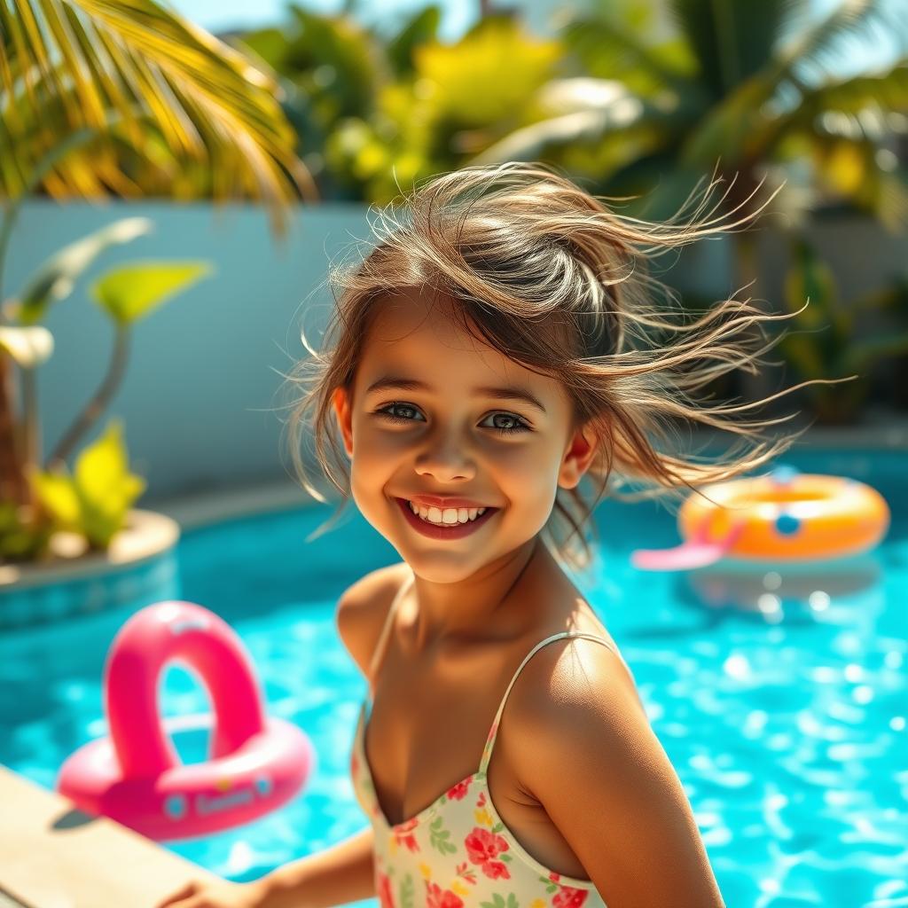 A picturesque scene of a young girl by a sparkling blue poolside, displaying a gorgeous smile, exuding joy and happiness