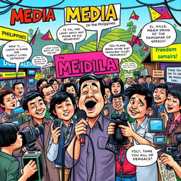 A vibrant political cartoon reflecting the dynamic role of media in the Philippines, depicted as a lively marketplace filled with various media outlets like newspapers, TV stations, and social media platforms
