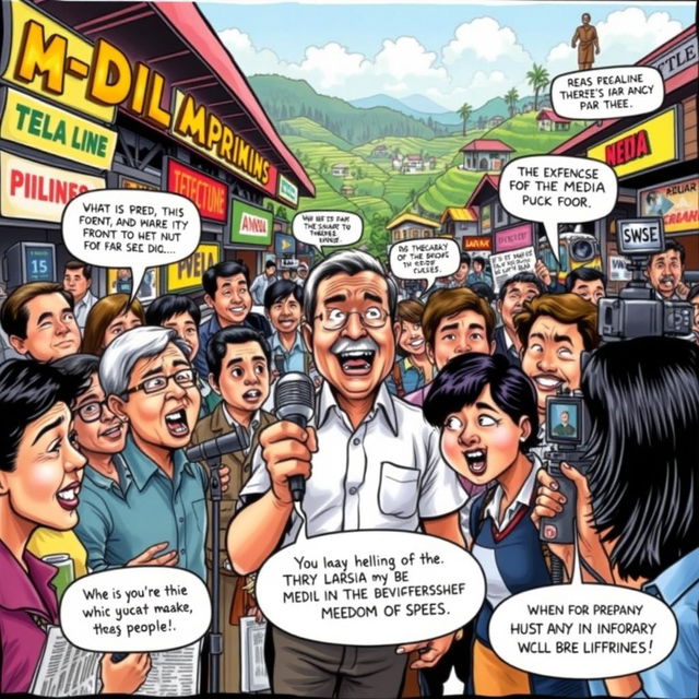 A vibrant political cartoon reflecting the dynamic role of media in the Philippines, depicted as a lively marketplace filled with various media outlets like newspapers, TV stations, and social media platforms