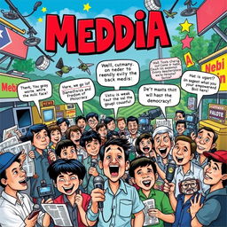 A vibrant political cartoon reflecting the dynamic role of media in the Philippines, depicted as a lively marketplace filled with various media outlets like newspapers, TV stations, and social media platforms