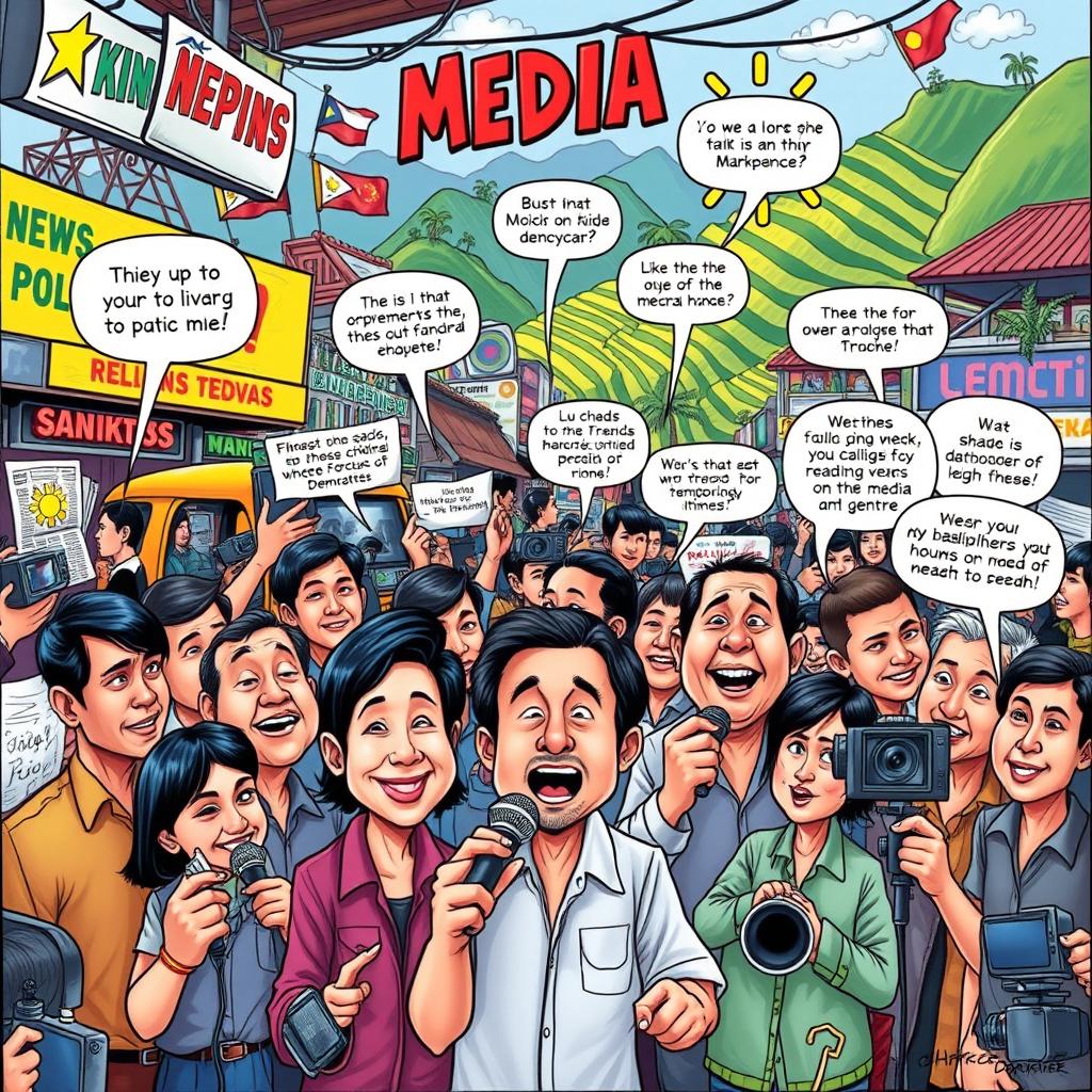 A vibrant political cartoon reflecting the dynamic role of media in the Philippines, depicted as a lively marketplace filled with various media outlets like newspapers, TV stations, and social media platforms