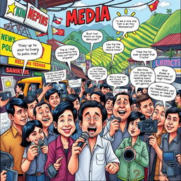 A vibrant political cartoon reflecting the dynamic role of media in the Philippines, depicted as a lively marketplace filled with various media outlets like newspapers, TV stations, and social media platforms