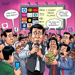 A satirical political cartoon illustrating the roles and functions of media in the Philippines as a democratic country