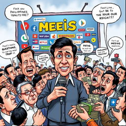 A satirical political cartoon illustrating the roles and functions of media in the Philippines as a democratic country