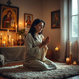A serene and intimate scene of a mother praying in a softly lit room