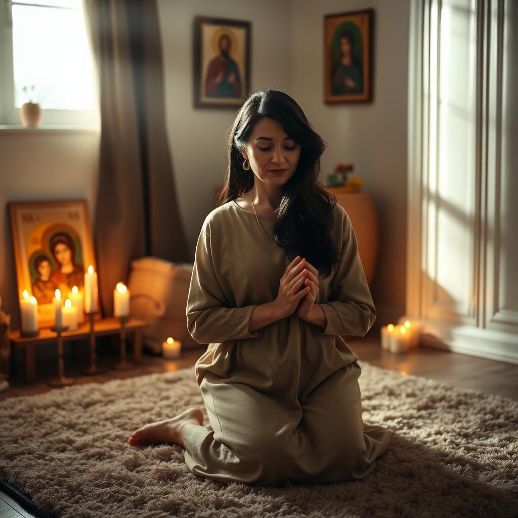 A serene and intimate scene of a mother praying in a softly lit room