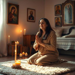 A serene and intimate scene of a mother praying in a softly lit room