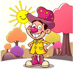 A humorous cartoon-style image of a quirky character named Dick, who has a big goofy grin and is wearing a bright, colorful outfit