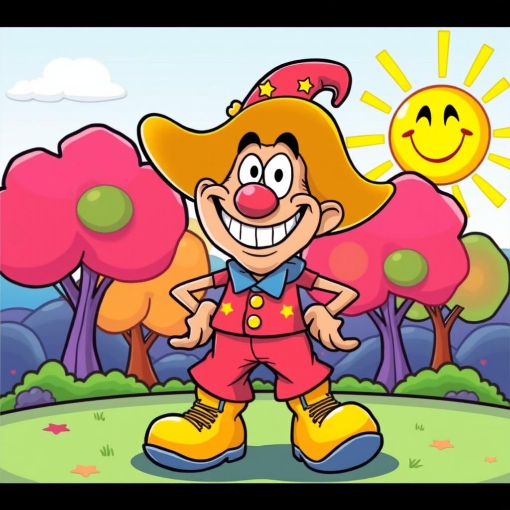 A humorous cartoon-style image of a quirky character named Dick, who has a big goofy grin and is wearing a bright, colorful outfit