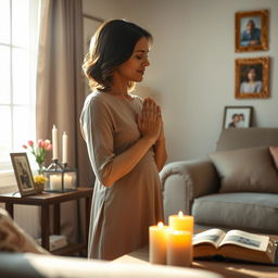 A serene scene of a mother praying peacefully at home
