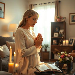 A serene scene of a mother praying peacefully at home