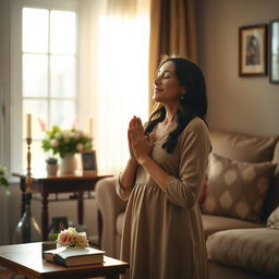 A serene scene of a mother praying peacefully at home