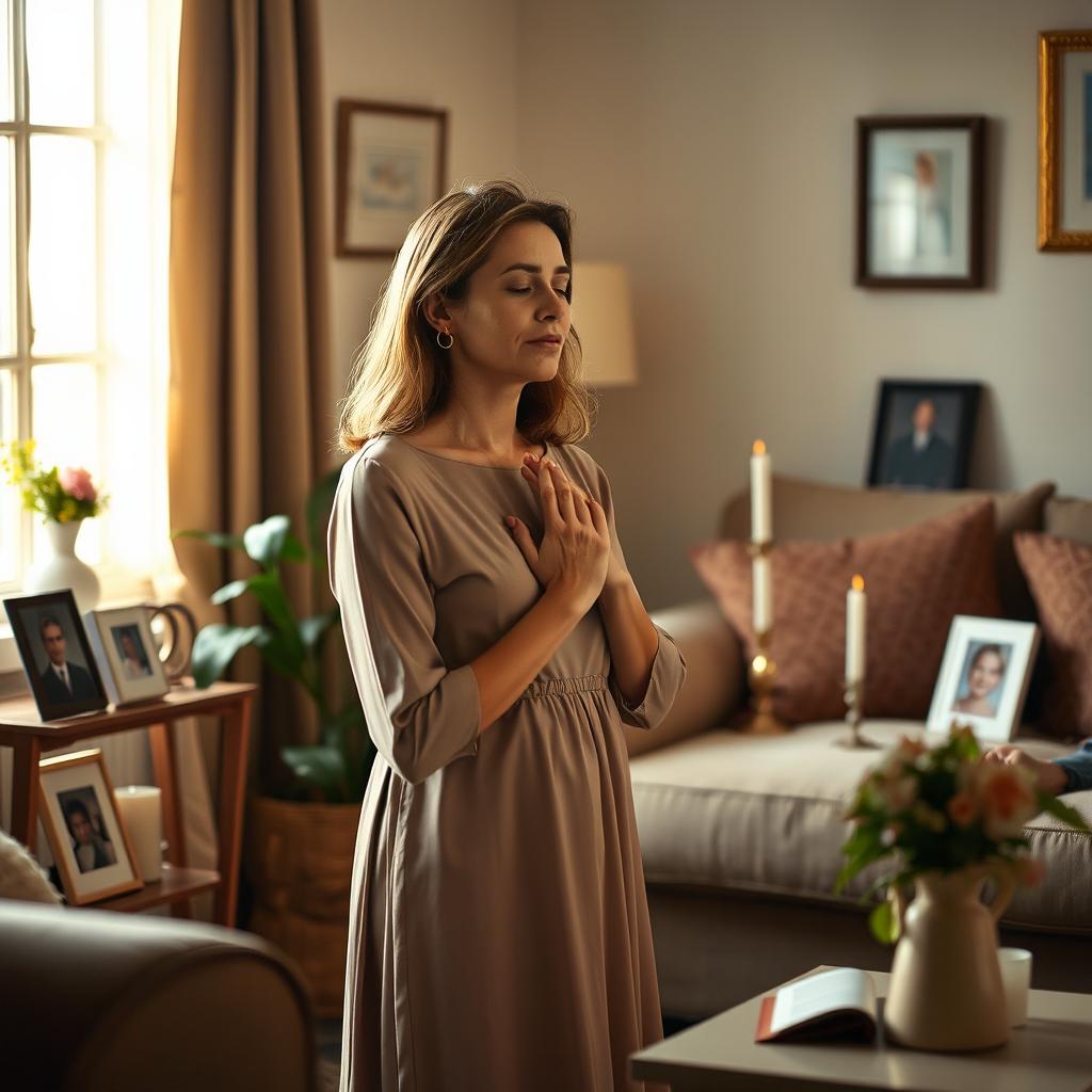 A serene scene of a mother praying peacefully at home