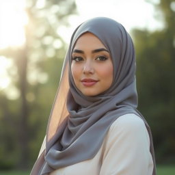 A beautiful woman wearing a stylish gray hijab, presenting a modern and elegant look