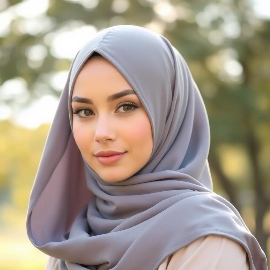 A beautiful woman wearing a stylish gray hijab, presenting a modern and elegant look