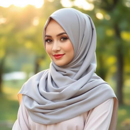 A beautiful woman wearing a stylish gray hijab, presenting a modern and elegant look