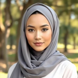 A beautiful woman wearing a stylish gray hijab, presenting a modern and elegant look