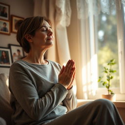 A serene scene of a mother praying with her hands clasped together, eyes closed in devotion
