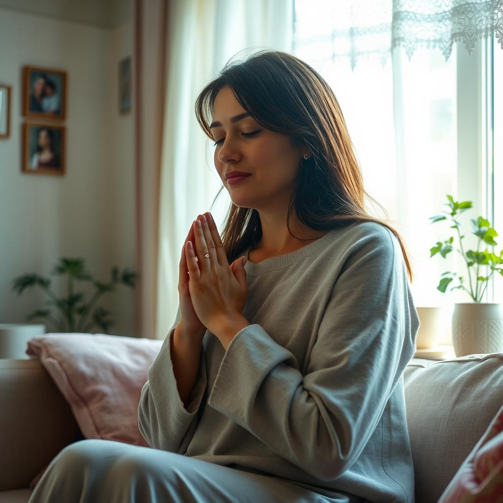 A serene scene of a mother praying with her hands clasped together, eyes closed in devotion