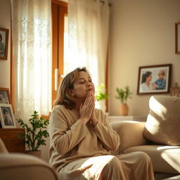 A serene scene of a mother praying with her hands clasped together, eyes closed in devotion