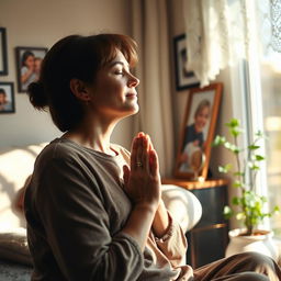 A serene scene of a mother praying with her hands clasped together, eyes closed in devotion