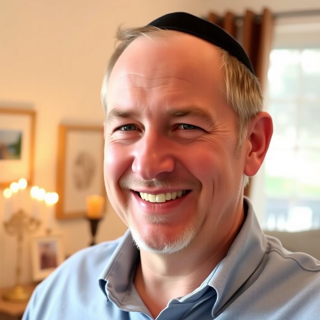 A man wearing a traditional Jewish skullcap (kippah) in a warm, inviting setting