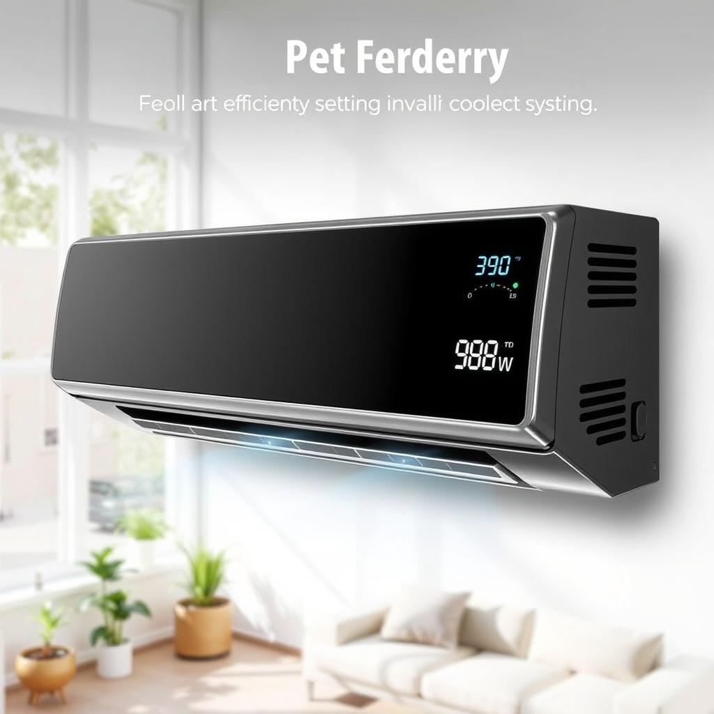 A sleek and modern air conditioning unit designed for efficiency, showcasing a digital display prominently featuring the cooling setting adjusted to 900W