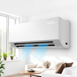 A sleek and modern air conditioning unit designed for efficiency, showcasing a digital display prominently featuring the cooling setting adjusted to 900W