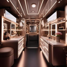 Draw a detailed plan of a lavish celebrity vanity van with a smart design that encompasses all the necessary amenities for a celebrity on a film set.