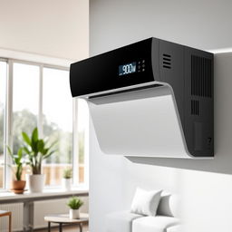 A sleek and modern air conditioning unit designed for efficiency, showcasing a digital display prominently featuring the cooling setting adjusted to 900W