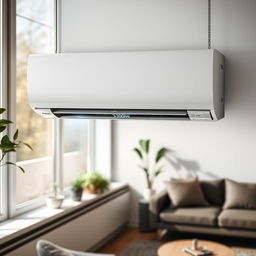 A sleek and modern air conditioning unit designed for efficiency, showcasing a digital display prominently featuring the cooling setting adjusted to 900W