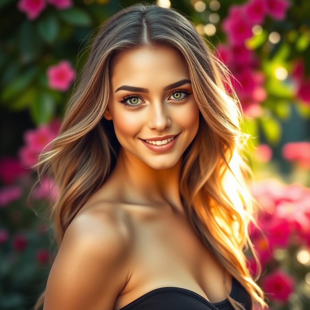 A stunning portrait of a young woman with an expressive gaze, long flowing hair in soft waves, and a radiant smile