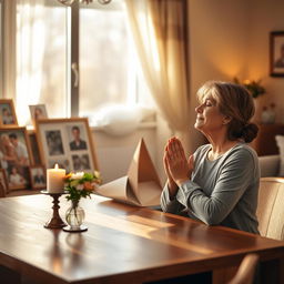 A serene and peaceful scene depicting a mother praying in a beautifully decorated living room