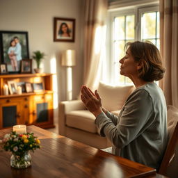 A serene and peaceful scene depicting a mother praying in a beautifully decorated living room