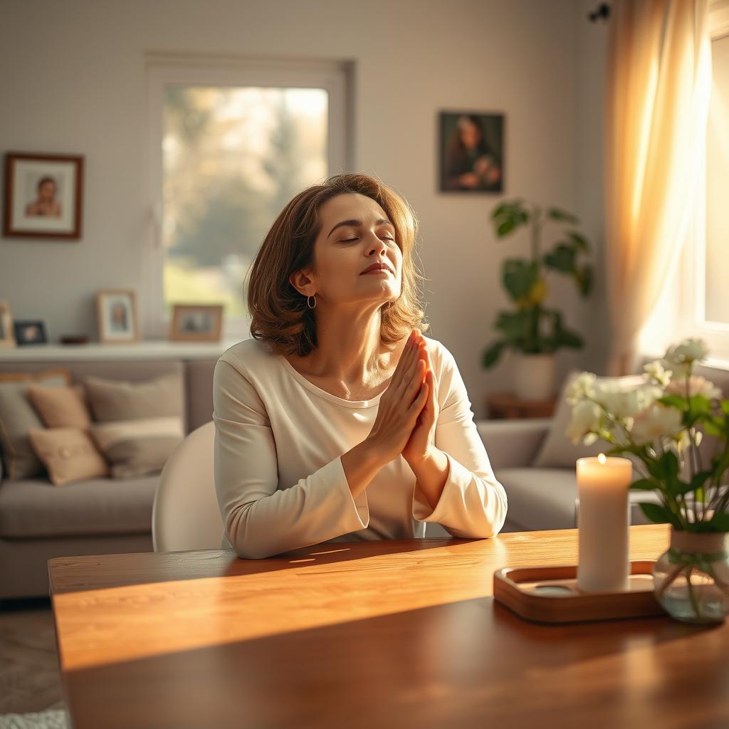 A serene and peaceful scene depicting a mother praying in a beautifully decorated living room