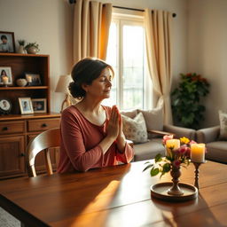A serene and peaceful scene depicting a mother praying in a beautifully decorated living room