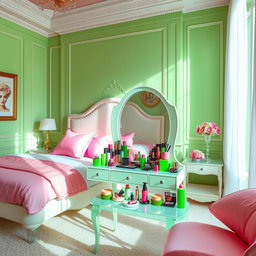 A luxurious bedroom featuring a stunning combination of green and pink colors
