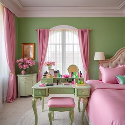 A luxurious bedroom featuring a stunning combination of green and pink colors