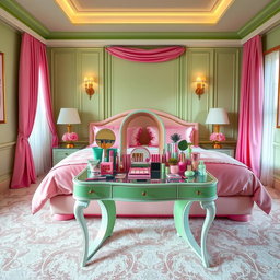 A luxurious bedroom featuring a stunning combination of green and pink colors