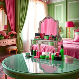 A luxurious bedroom featuring a stunning combination of green and pink colors