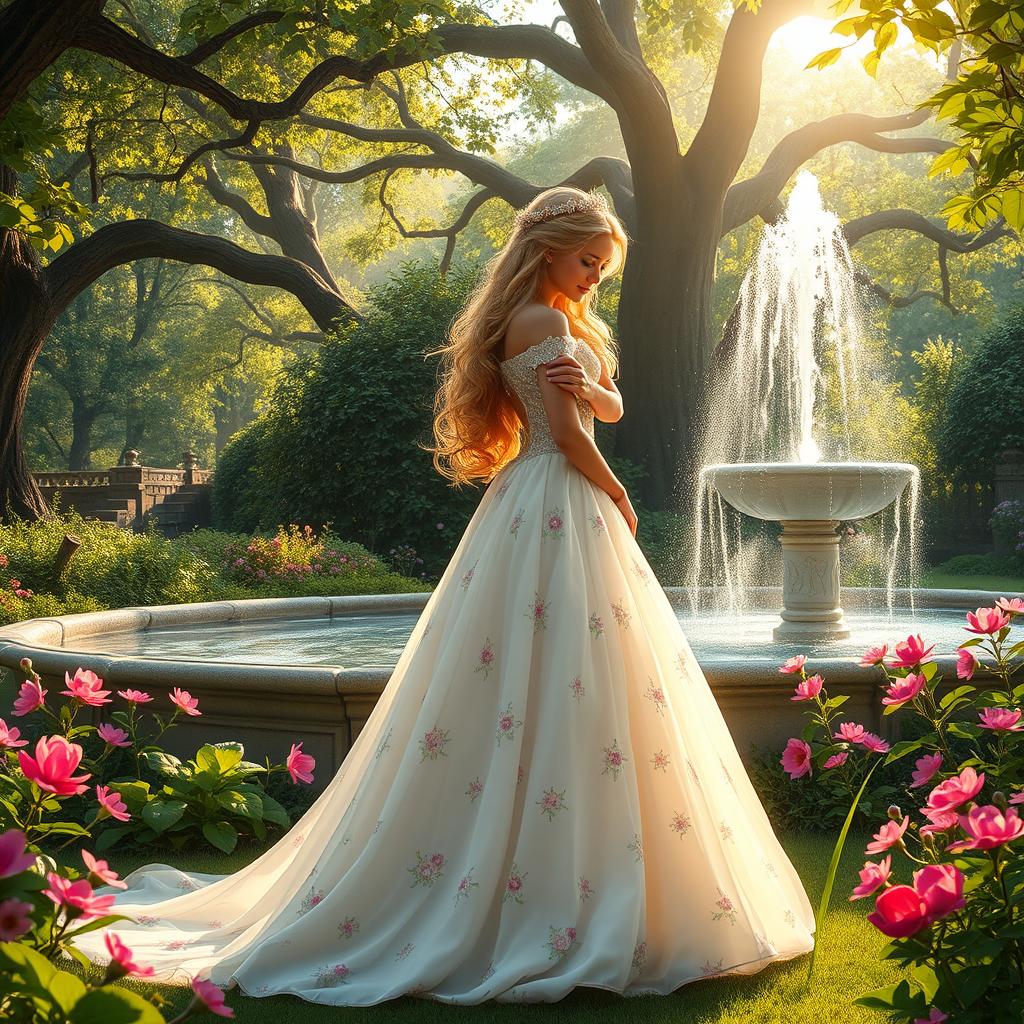 A beautiful princess standing elegantly in a lush, enchanted garden, wearing a stunning, flowing gown adorned with delicate floral patterns