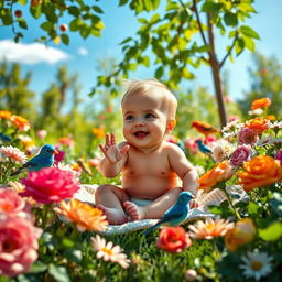 A serene and enchanting scene featuring a baby in a lush garden surrounded by colorful birds